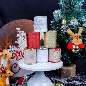 Customized Size Fashion Holiday Printing Christmas Decoration Metal Wired Ribbon Roll Double Ruffle Linen Ribbon