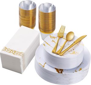 175PCS White and Gold Plastic Dinnerware Set for 25 Guests Disposable Plates for Party Dinner Plates Silverware Set
