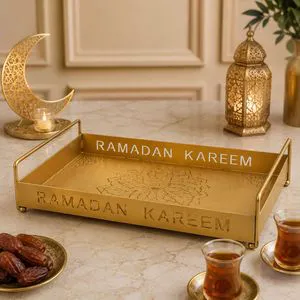 Wholesale Double-Sided Cutout Design Gold Ramadan Eid Mubarak Iron Serving Tray With Handles For Ramadan Table Decoration
