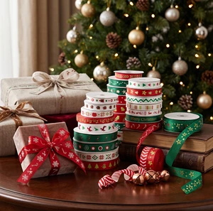 Christmas Printed Satin Ribbon Santa Claus Snowflake Pattern Polyester Ribbon for Gift Wrapping Box Decoration