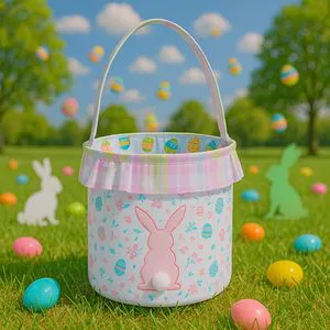 Easter Spring Party Crafts Supplies Accessories Decorations Floral Egg Carton Ruffle Canvas Easter Basket Wholesale with Pom Pom