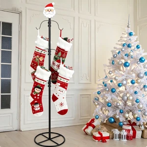 Metal Christmas Stocking Stand Freestanding Christmas Stocking Holder Stand, 6-Hook Metal Stocking Tree with Removable Topper