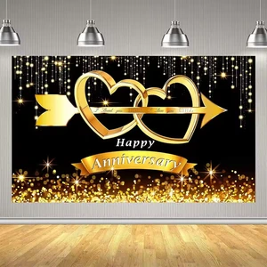 Happy Anniversary Background Cloth Custom-Size Black Gold Party Decoration Banners for Birthday Wedding Anniversary Celebrations