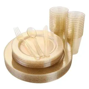 Gold Glitter Plastic Plates with Disposable Silverware, Cups Dinnerware Sets for Wedding Parties