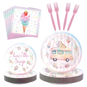 Summer Disposable Paper Tableware Set for Birthday Parties Includes Plates Cups Tablecloths-Ice Cream Themed Decorative Supplies