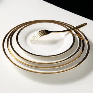 WEIYE Hot Sale HoReCa Multi Sizes Porcelain Plates Round Shallow Ceramic Plate Dish With Gold Rim