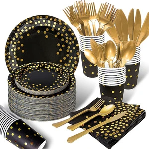 Disposable Party Decorations Promotional Party Supplies Black Gold Disposable Dinnerware Set Black Paper Plates and Napkins