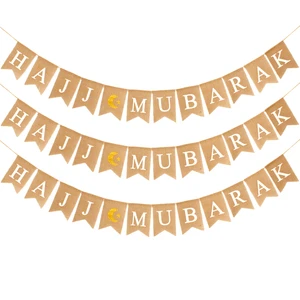 Islamic Muslim Hajj Mubarak Burlap Banner and Star Bunting Ramadan Party Decorations Supplies