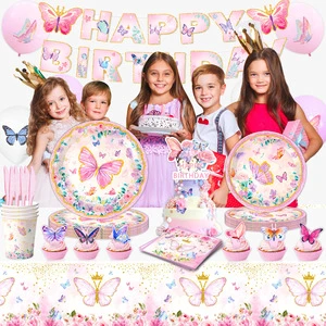 Pink Butterfly Themed Party Set Disposable Paper Tableware Balloons Banner Birthday Spring Garden Party for Gift Shop