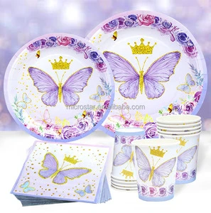 Butterfly Paper Tableware Set Birthday Party Supplies Disposable Paper Plates Napkins Cartoon Spring Butterfly Party Decorations