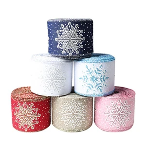 ZX-018 Snowflake Wired Blue Christmas Ribbon for Christmas Decorations Tree Topper Bows
