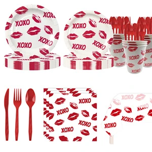 Valentine's Day Series Birthday Party Disposable Biodegradable Tableware Set Paper Plates Cups Tissues Tablecloth