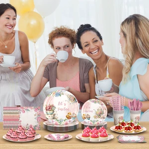Modern Floral Garden 2nd Birthday Party Tableware Hot Selling Tea Party Decorations with Plate Cup Napkin Tablecloth Cutlery
