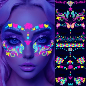 8pcs Waterproof Temporary Tattoo Sticker Masquerade Neon Fluorescent Face Sticker Music Festival Glowing Tattoo Makeup Glitter