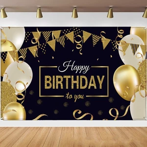 Custom New Design Happy Birthday Black Gold Banner Backdrop Banner Party Sign for Home Party Wall Decoration
