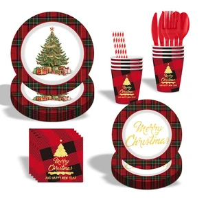 Christmas Party Tableware & Decorations-Disposable Paper Cups Plates Tissues Elegant Table Set for Festive Gatherings