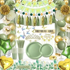 Disposable Dinnerware Set with Balloon Sash Tiara Banner Paper Pom Poms 222 Pcs Sage Green Birthday Decoration for Women or Girl