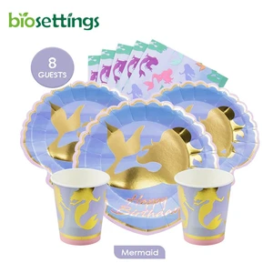Mermaid Themed Disposable Party Supplies Kits Wholesale Paper Dinnerware Including Plates Napkins for Campers Table Decorations