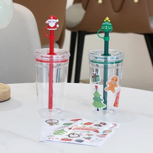 450ml Eco-Friendly Red Green Christmas Plastic Tumbler with Straw Festive Prints and Christmas Gift Box Set Party Favor