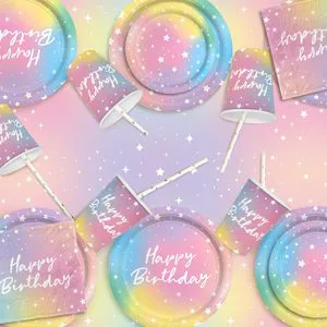 Luminous Rainbow Birthday Party Supplies Disposable Paper Plates Cups Napkins Tablecloth & Banner Ideal for Mermaid Theme Events