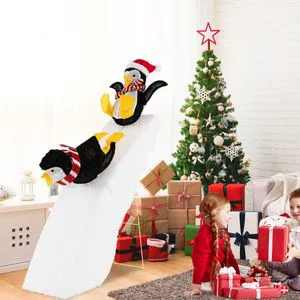 4 Feet Penguin Ice Skating Christmas Decor Set with Snowy Slide for Party Decorations