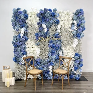 Factory New Design Wedding Artificial Flowers Decoration Artificial White Rose Baby's Breath and Blue Hydrangea Flower Wall