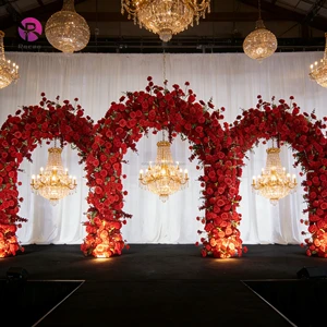 Wedding Large Stage Backdrop Stand 3 pcs Artificial Flower Red Flower Arch for Events Ceremony Party Background Decoration