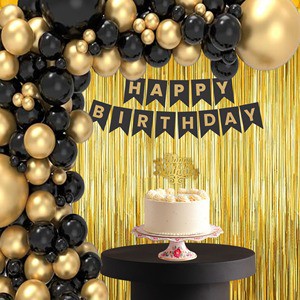 Happy Birthday Decoration Kit Black 44 Pcs | Luxury Balloon Garland, Banner & Fringe Curtain Party Set Wholesale