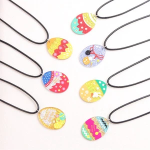 Acrylic Easter Egg Shaped Rabbit Printed Pendant Necklaces Cute Dress up for Happy Easter Party Holiday Decorations Supplies