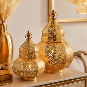 Wholesale Moroccan Hollow Metal Candle Lantern Tabletop Gold White Gourd Shape Ramadan Eid Home Wedding Decor