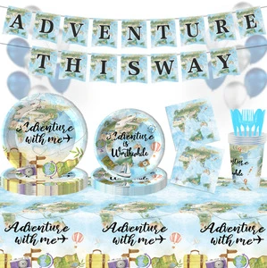 Travel-Themed Disposable Picnic Party Tableware Set for Family Gatherings & Paper Tray Table Decorations