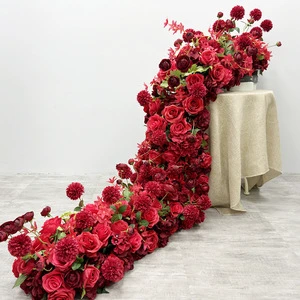 FL-975 Modern Style Artificial Red Rose Flower Runner Wedding Centerpieces Floral Arrangement for Table Party Decorations