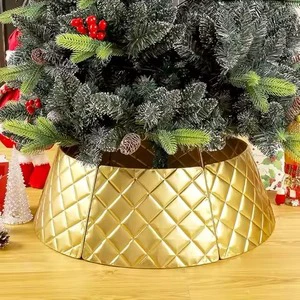 Golden Metal Eco-Friendly Durable Christmas Tree Collar with Square Pattern Protective Base Cover Stand Accessories High Quality