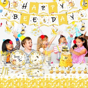 Yellow Bee Theme New Cartoon Girl and boys Theme Birthday Party Decoration Layout Paper Plate Paper Cup Tablecloth Tableware Set