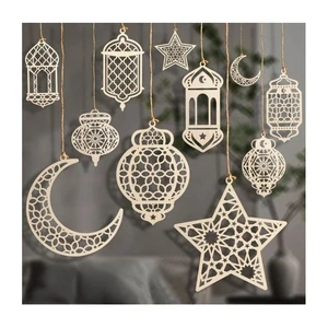 Islamic Wooden Hanging Decoration Set Ramadan Eid Moon Star Lantern Ornaments Home Wall Decor Festive Party Display