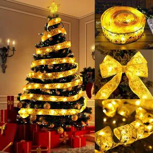 A-442 Hot Selling Christmas Tree Ribbon String of Lights Customized Bow Tie Ribbon Silk Lamp for Christmas Decoration Props