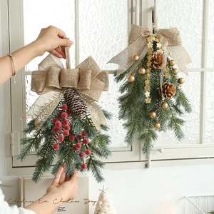Hanging Burlap Bow Christmas Swags Thick Christmas Teardrop Swags With Red Berriesfor Front Door Farmhouse Wall Xmas Decor