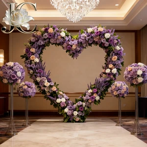Wedding Decoration Handmade Roll up Backdrop Purple 8Ft X 8Ft Heart Shape Arch Artificial Flowers Rose Silk Panels Flower Wall