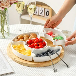 5-Panel Ceramic Snack Platter with Bamboo and Dried Fruit Divider Round Wood Plate Party Set for Weddings