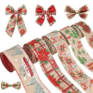 LINGKAI Poinsettia Truck Candy Cane Print Burlap Wired Christmas Ribbon Ribbon For Bow Wreath Gift Wrap Supplier