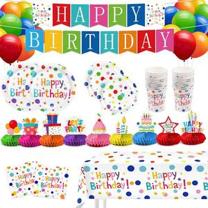 Happy Birthday Party Supplies Set,Disposable Tableware Kit with Plates,Napkins,Cups,Tablecloth,Banner,Balloons,Honeycomb Decor