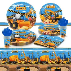 LEMON Engineering Car Construction Party Decorations Paper Plate Cup Tablecloth Tableware Set Kids Birthday Party Supplies