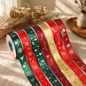 New Year's Christmas Luxury Eco-Friendly Waterproof Polyester UV Coated Braided Printed Ribbon Spool Red