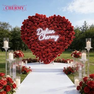Hot Sale 8*8ft Heart Wedding Decoration Flower Wall With Stand Red Silk Rose Red Heart Shaped Flower Backdrop Wedding