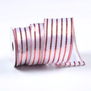 2.5 Inch Christmas Striped Ribbon 100% Polyester Foil Print Satin Decorative Wired Ribbon for Gift Wrapping