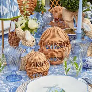 DreamCraft Set of 2 Small Rattan Woven Eggs with Classic and Green/Oat Bows 13cm Easter Holiday Decorations