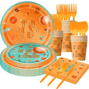 Custom Theme Party Tableware Set: Disposable Paper Plates, Napkins, Tablecloths, Banners, and Flag Decorations