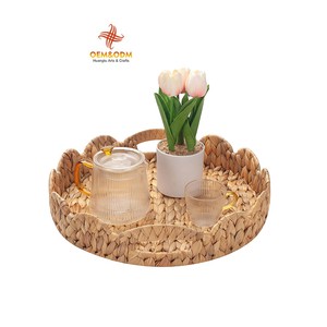 Boho Handmade Rotundity Water Hyacinth Seagrass Flower Fruit Wicker Picnic Storage Baskets Tray With Handle Desktop Living Room