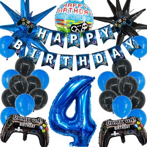Video Game Themed Boy Birthday Party Supplies Flags Banners Latex Balloons Cake Toppers Game Controller 0-9 Foil Balloons Set