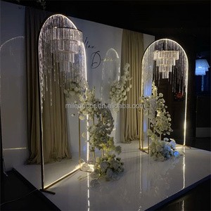MILE Wedding Stage Props Iron Gold Metal Arch Backdrop Stand with Beads Curtain for Wedding Light Decoration